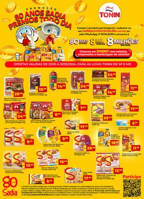 Promoções de Supermercados em Bady Bassitt | 80 Anos Sadia, Premios Todo Dia  de Tonin Superatacado | 21/05/2024 - 31/05/2024