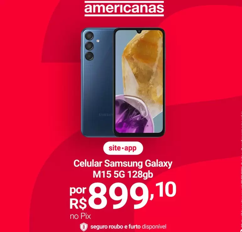 Oferta de Samsung - Celular  Galaxy M15 5G 128GB por R$899,1 em Lojas Americanas