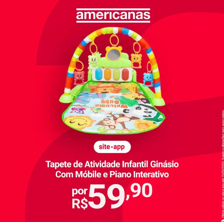 Oferta de Baby - Tapete De Atividade Infantil Ginasio Com Mobile E Piano Interativo por R$59,9 em Lojas Americanas