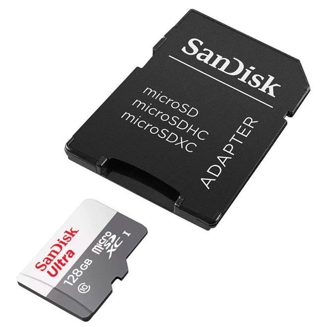 Oferta de Cartão de memória SanDisk Ultra MicroSD 128GB, Classe 10, Leitura de até 100MB/s, SDSQUNR-128G-GN3MA por R$99 em Miranda
