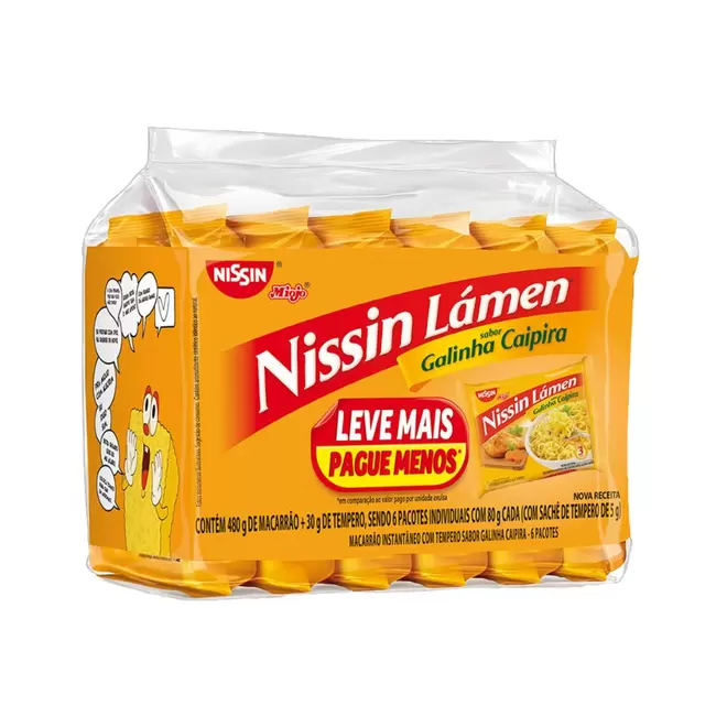 Oferta de Macarrão Instantâneo Galinha Caipira Leve Mais Pague Menos Nissin 510g com 6 Unidades por R$17,49 em Mambo