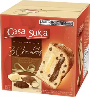 Oferta de Panettone com Gotas de Chocolate Ao Leite Recheio 3 Chocolates Casa Suíça 500g por R$34,09 em Macromix Atacado