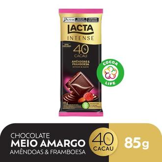 Oferta de Chocolate Intense Meio Amargo 40% Amêndoas e Framboesa Lacta 85g por R$8,29 em Nagumo