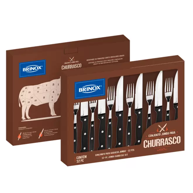 Oferta de Conjunto de Talheres Jumbo para Churrasco em Aço Inoxidável Brinox 12 Peças Preto por R$109,9 em Novo Mundo