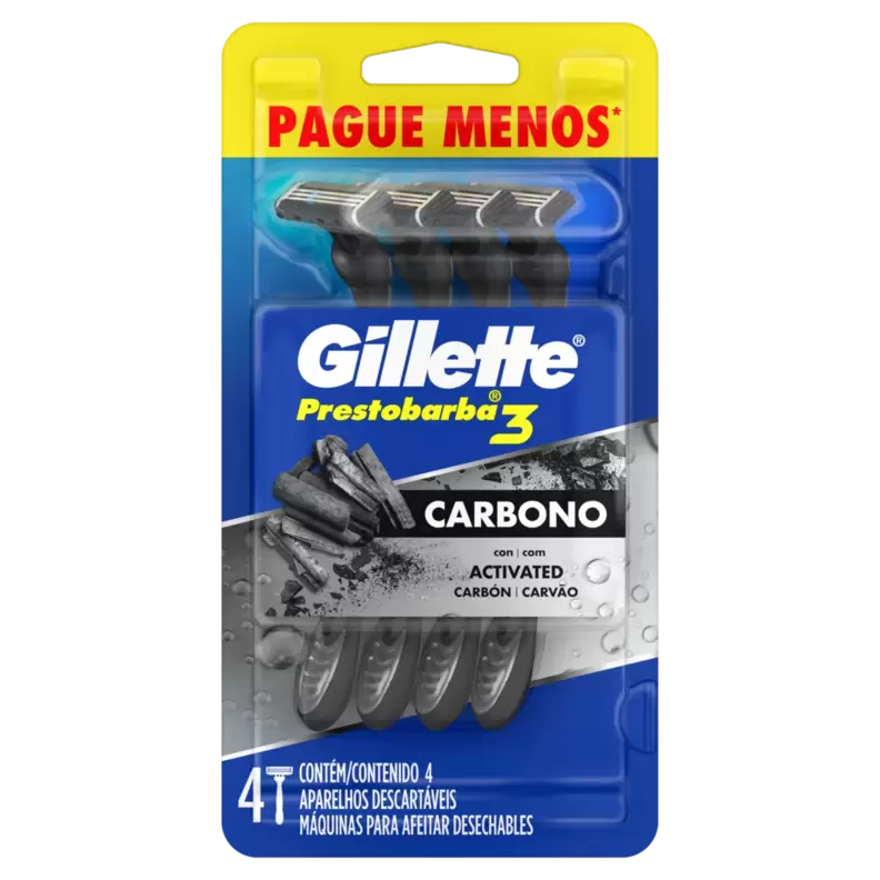 Oferta de Aparelho Descartável para Barbear Gillette Prestobarba3 Carbono 4 Unidades Pague Menos por R$31,99 em Pão de Açúcar