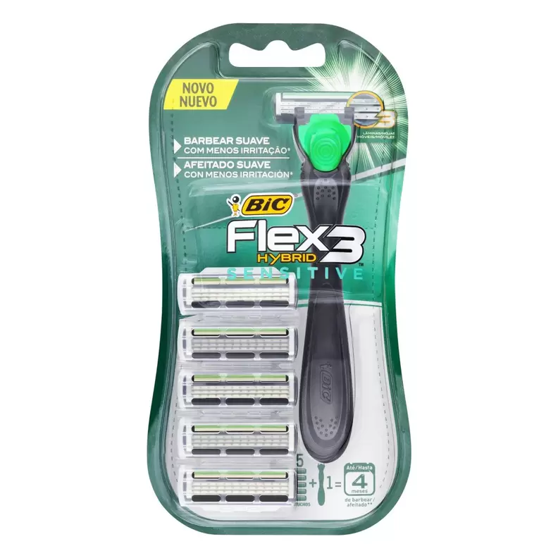 Oferta de Kit 1 Aparelho Recarregável + 5 Cargas para Barbear Bic Flex 3 Hybrid Sensitive por R$34,99 em Pão de Açúcar