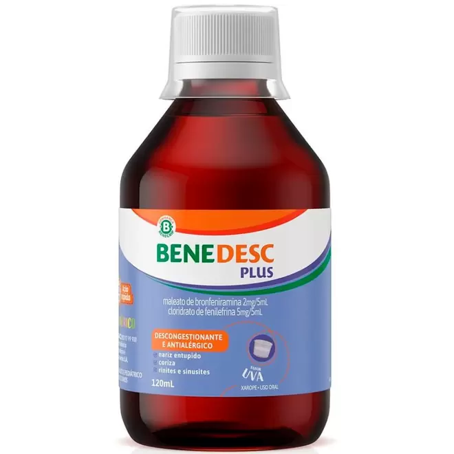 Oferta de Benedesc Plus Maleato de Bronfeniramina 2mg + Cloridrato de Fenilefrina 5mg Xarope 120ml por R$17,4 em Lojas Bemol