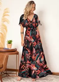 Oferta de Quintess - Vestido Longo Tropical Preto com Amarrações por R$189,99 em Posthaus