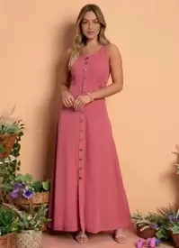 Oferta de Quintess - Vestido Longo Jeans Rosa com Botões por R$199,99 em Posthaus