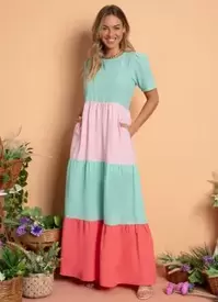 Oferta de Quintess - Vestido Longo Franzido Tricolor Turquesa por R$119,99 em Posthaus