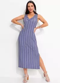 Oferta de Quintess - Vestido Listrado Azul em Malha de Viscose por R$129,99 em Posthaus