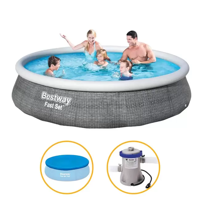 Oferta de Piscina Inflável Fast Set 7.340 Litros Rattan com Filtro 220v e Capa Bestway por R$979,99 em Ri Happy