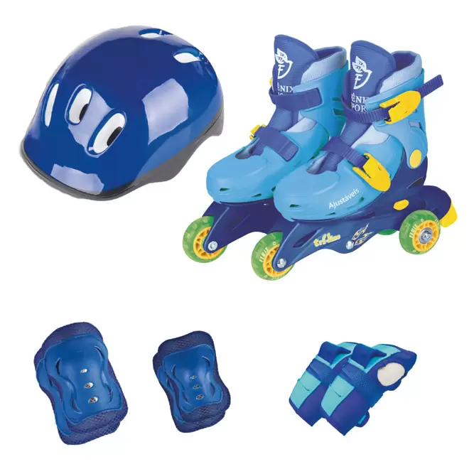 Oferta de Patins Triline com Kit Proteção Azul Tamanho 30 ao 33 Ajustável Fenix por R$369,9 em Ri Happy