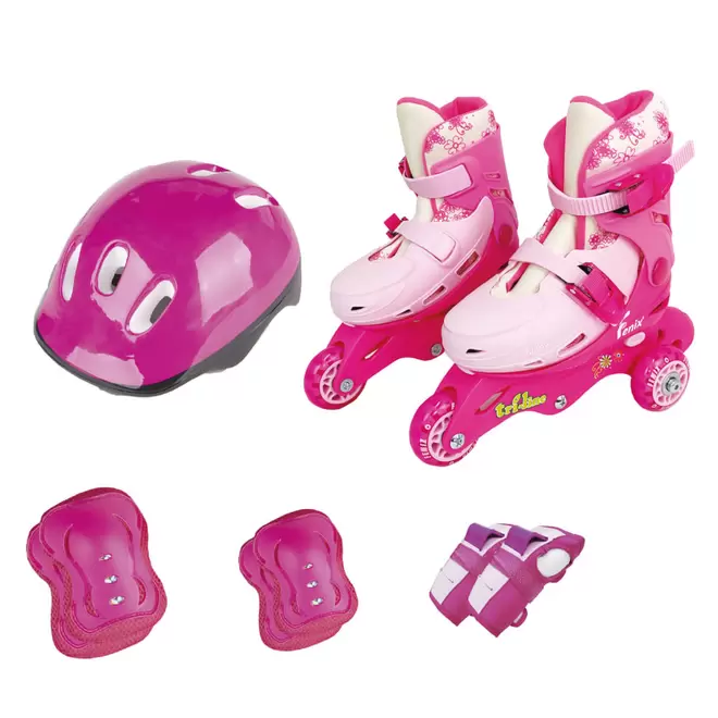 Oferta de Patins Triline com Kit Proteção Rosa Tamanho 26 ao 29 Ajustável Fenix por R$369,99 em Ri Happy