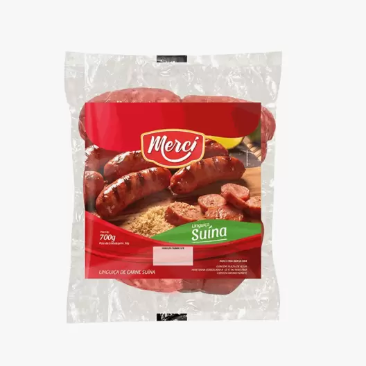 Oferta de LINGUICA SUINA 700G MERCI por R$13,99 em Super Lagoa