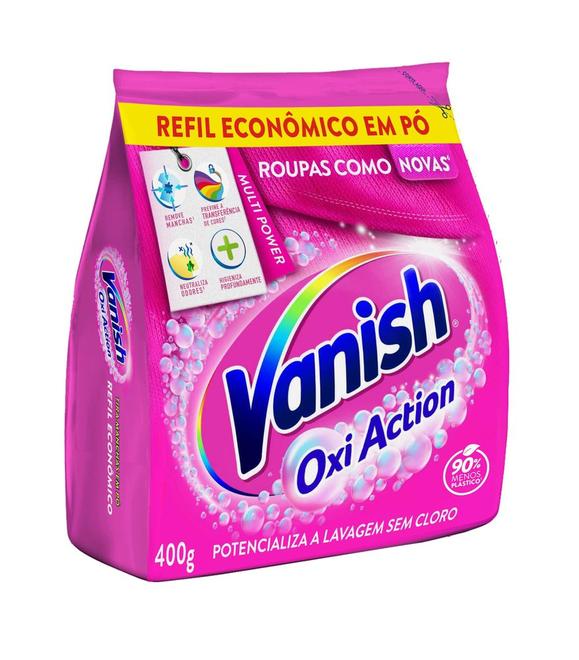 Oferta de Tira Manchas Vanish em Pó Oxi Action para roupas coloridas Refil Econômico 400g por R$19,99 em Super Nosso