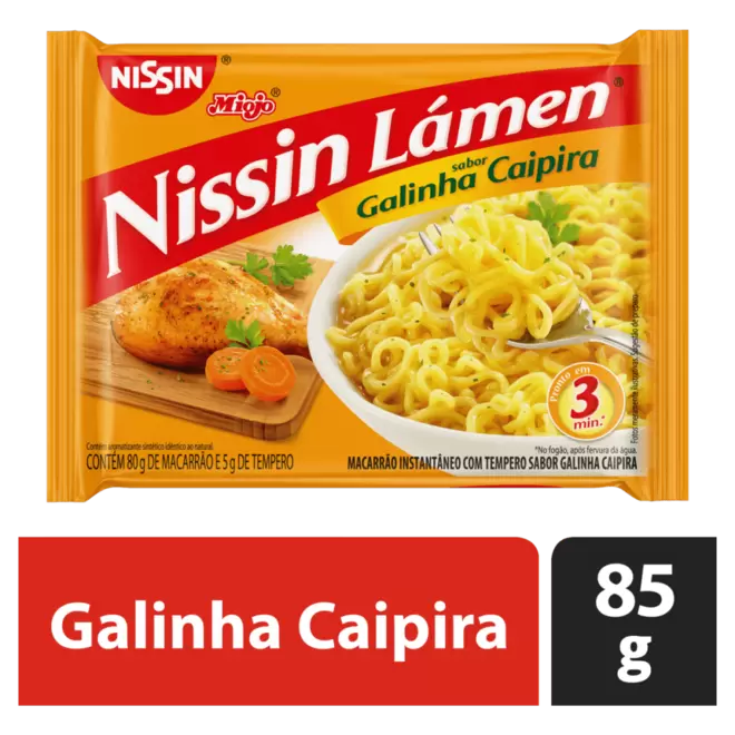 Oferta de Macarrão Instantâneo Lámen com Tempero de Galinha Caipira Nissin Miojo Pacote 85g Sendo 80g de Macarrão e 5g de Tempero por R$2,99 em Super Nosso