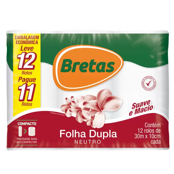 Oferta de Papel Higiênico Bretas Folha Dupla 30M Leve 12 Pague 11 Unid por R$17,99 em Supermercado Bretas