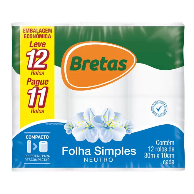 Oferta de Papel Higiênico Bretas Folha Simples 30 Metros Leve 12 Pague 11 por R$11,9 em Supermercado Bretas