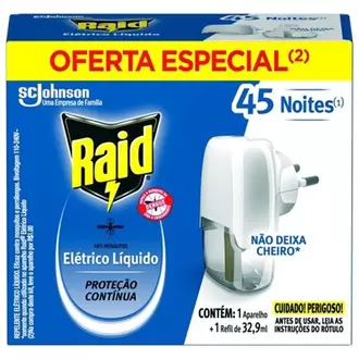 Oferta de Repelente Elétrico Liquido 45 Noites Aparelho e Refil Original Raid 32,9ml por R$18,17 em Supermercado Precito