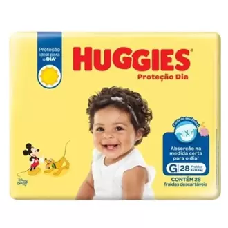 Oferta de Fralda Infantil Descartável Proteção Dia Jumbo Tamanho G Huggies 28un por R$24,47 em Supermercados Joanin