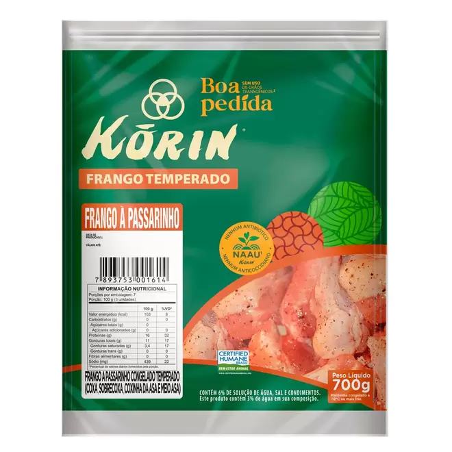 Oferta de Frango à Passarinho Congelado Temperado Korin 700g por R$29,99 em Zona Sul