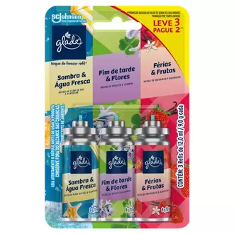 Oferta de Kit Odorizador de Ambiente Sombra & Água Fresca + Fim de Tarde & Flores + Férias & Frutas Glade 12Ml Cada Refil Leve 3 Pague 2 Unidades por R$26,15 em GoodBom