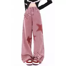 Oferta de Calça jeans de perna larga rosa feminina por R$57,86 em AliExpress