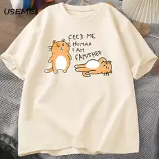 Oferta de Homens e mulheres gato engraçado adorável estampa camisetas de algodão por R$14,69 em AliExpress