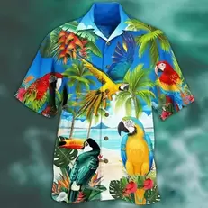 Oferta de Camisas casuais masculinas papagaio impressão 3d camisas masculinas moda havaiana camisa praia blusas de manga curta blusa vocação lapela camisa menino por R$48,38 em AliExpress