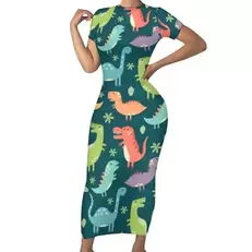 Oferta de Bonito colorido dinossauros bodycon vestido feminino tiranossauro rex dinossauro maxi vestidos de férias manga curta design estético vestido por R$146,93 em AliExpress