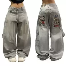 Oferta de Americano hip hop retro gótico impressão jeans feminino y2k nova rua venda moda solta em linha reta calças de perna larga unisex coringa jeans por R$142,89 em AliExpress