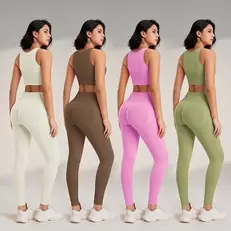 Oferta de Conjunto de roupas de yoga feminino cintura alta leggings e topo duas peças sem costura roupas de exercício de fitness roupa interior de treino de fitness por R$79,52 em AliExpress