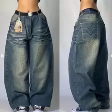 Oferta de Y2k jeans novo harajuku hip hop retro crânio gráfico bordado baggy jeans calças jeans das mulheres dos homens goth cintura alta calças largas por R$144,05 em AliExpress