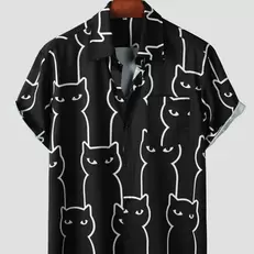 Oferta de Camisas Aloha casual masculina com estampa de gatos por R$37,95 em AliExpress