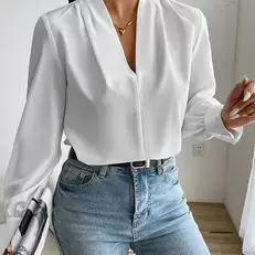 Oferta de Krismile feminino casual camisas e blusas brancas mangas compridas solto plissado split-joint com decote em v blusas elegantes femininas topos por R$127,28 em AliExpress