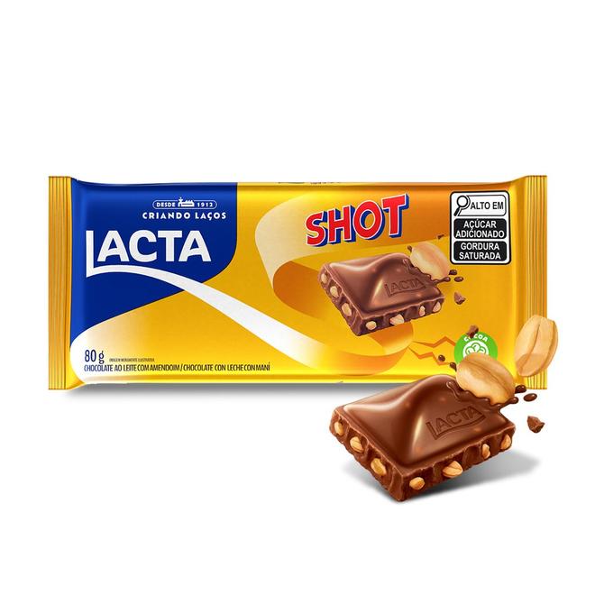 Oferta de Chocolate ao leite com amendoim LACTA Shot 80g por R$4,39 em Angeloni