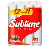 Oferta de Papel Higienico Folha Simples Sublime Leve 12 Pague 11 Rolos De 30m por R$12,99 em Barracão Supermercado