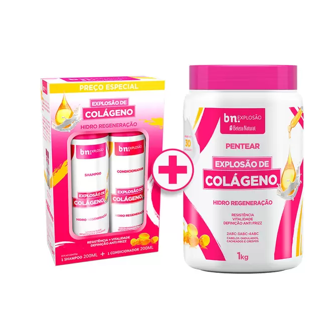 Oferta de Kit Duo Shampoo 200ml + Condicionador 200ml + Pentear Explosão de Colágeno 1Kg por R$47,99 em Beleza Natural