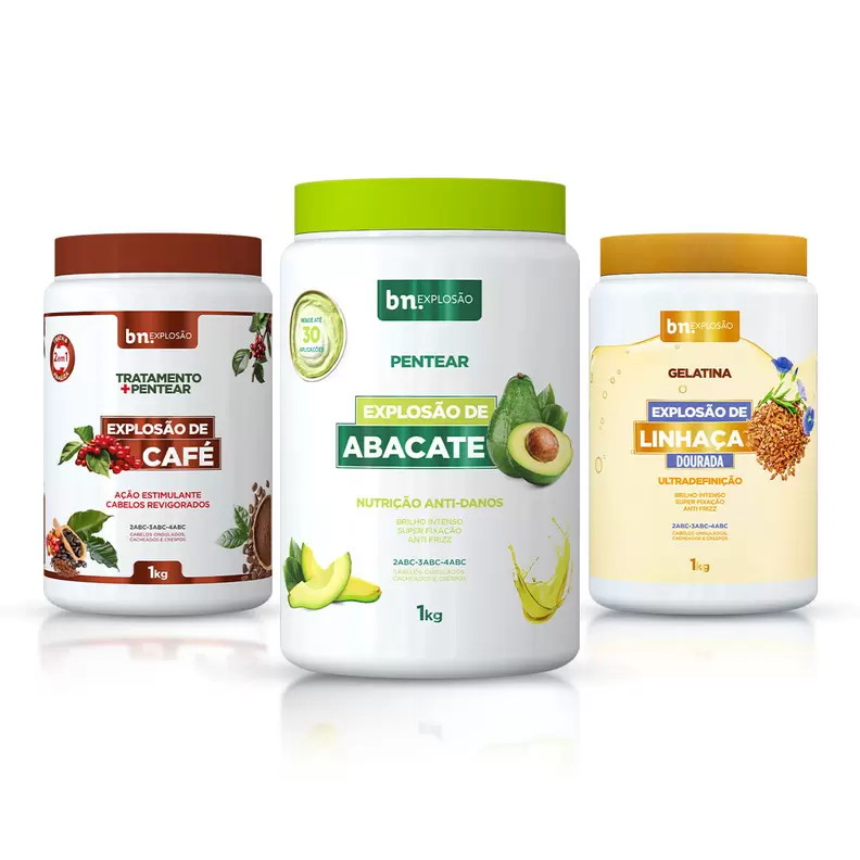 Oferta de Kit Pentear e Tratamento Explosão de Café + Pentear de Abacate + Gelatina de Linhaça 1Kg por R$99,99 em Beleza Natural