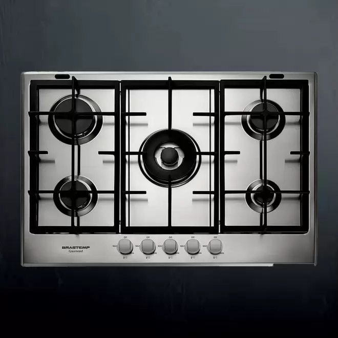 Oferta de Cooktop 5 bocas Brastemp Gourmand Inox com duplachama e trempe com ferro fundido - BDK75DR por R$2199 em Brastemp