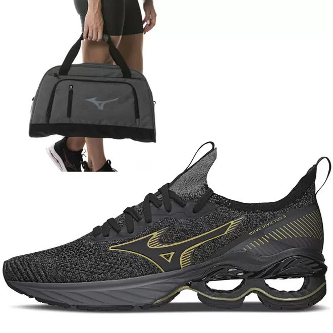 Oferta de Kit Tênis Masculino Wave Invictus 3 Cinza com Mala Unissex Mizuno GYM por R$329,99 em C&A