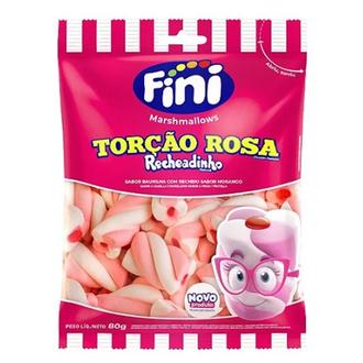 Oferta de Marshmallow Torção Rosa Recheadinho Fini 80G por R$7,99 em Coocerqui