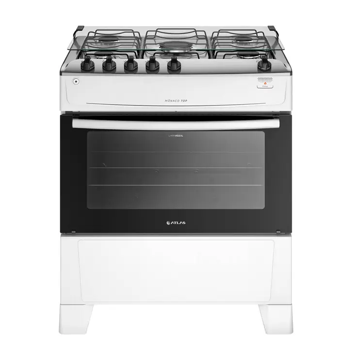 Oferta de Fogão 5 Bocas Atlas de Piso Automático com Mesa Inox Forno 86,5L Limpa Fácil Mônaco Top por R$1090 em Cybelar