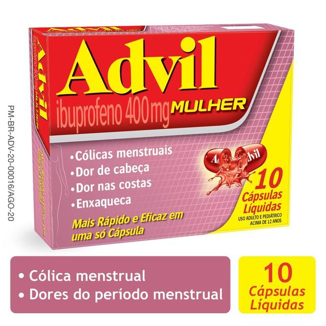 Oferta de Advil Mulher Ibuprofeno 400mg, Analgésico para Cólicas Menstruais, 10 Cápsulas por R$23,99 em Farmácias Pague Menos