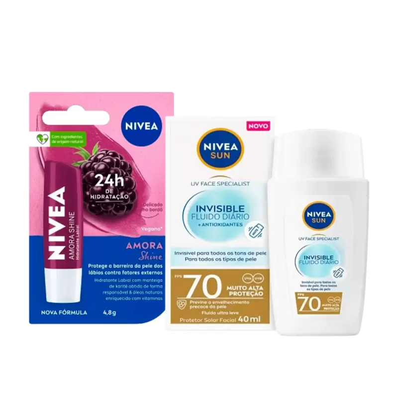 Oferta de Kit Nivea Hidratante Labial Amora Shine 4,8g + Protetor Solar Facial Invisible Fps70 40ml por R$92,48 em Farmácias Pague Menos