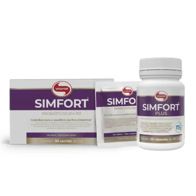 Oferta de Kit Simfort 30 Sachês 2g Probiótico Vitafor + Simfort Plus 30 Cápsulas Probiótico Vitafor por R$154 em Farmácias Pague Menos