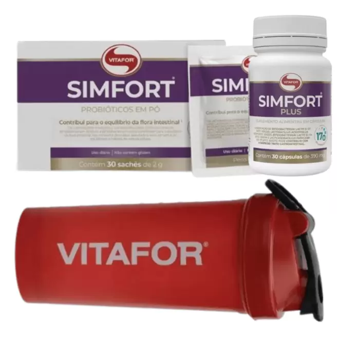 Oferta de Kit Simfort 30 Sachês 2g Probiótico Vitafor + Simfort Plus 30 Cápsulas Probiótico Vitafor + Garrafa Vitafor 600ml por R$155 em Farmácias Pague Menos