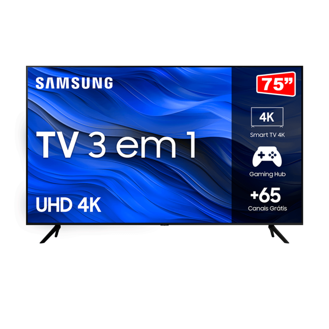 Oferta de Samsung Smart TV 75" UHD 4K 75CU7700, Processador Crystal 4K, Gaming Hub, Visual Livre de Cabos, Tela sem limites, Alexa built in - | Preto por R$7399 em Fujioka