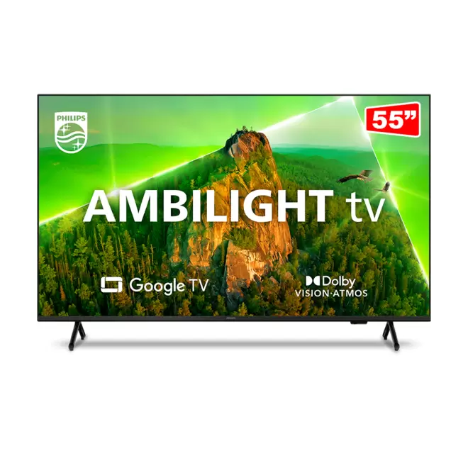 Oferta de Smart TV Philips 55" 4K UHD LED 55PUG7908/78, Ambilight, Dolby Vision, Dolby Atmos, Bluetooth, Wi-Fi, 4 HDMI, 2 USB | Preta Mate por R$2389 em Fujioka